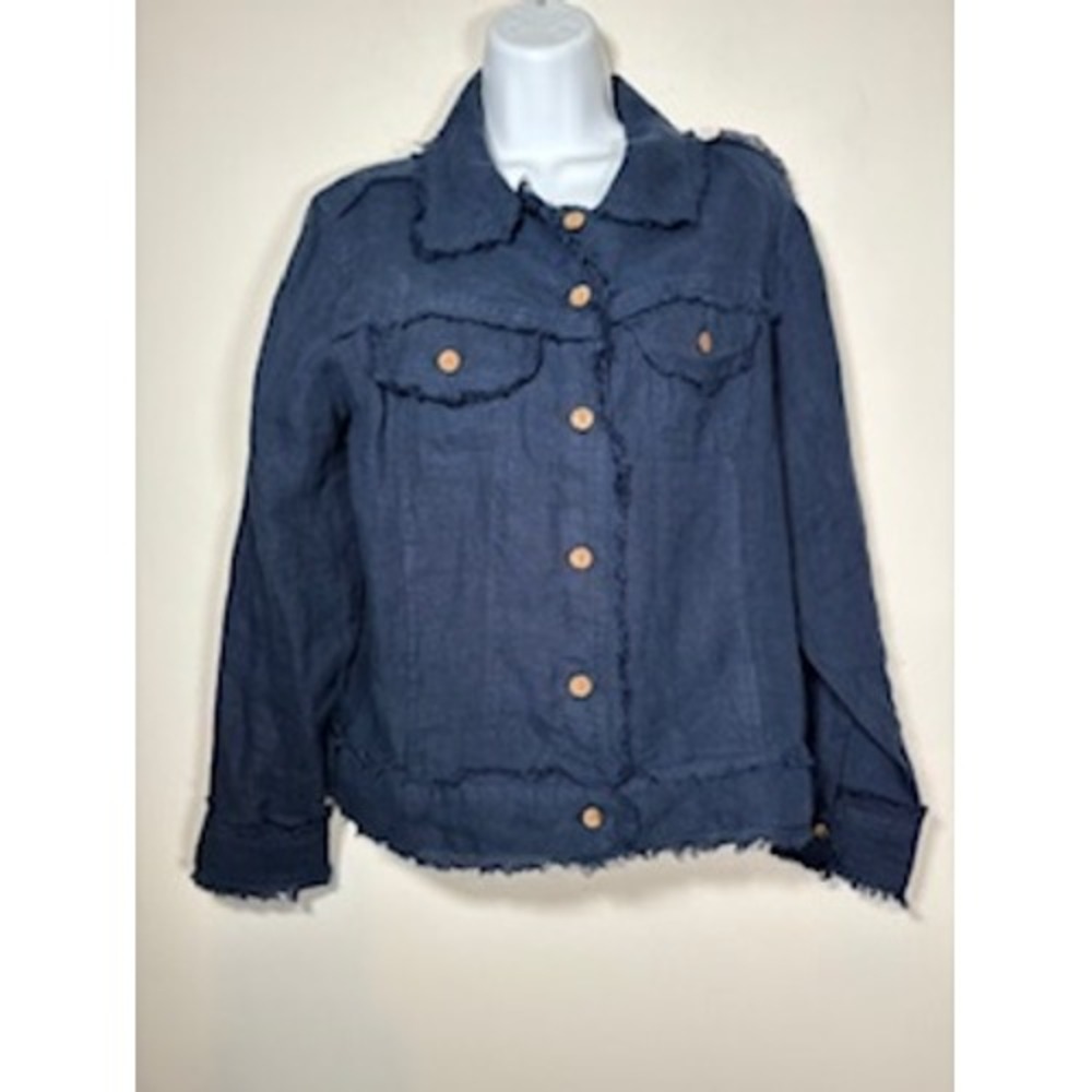CROWN LINEN DESIGNS Jacket S Navy Blue Fringed Raw Hem Linen Shacket Coastal - Picture 2 of 7